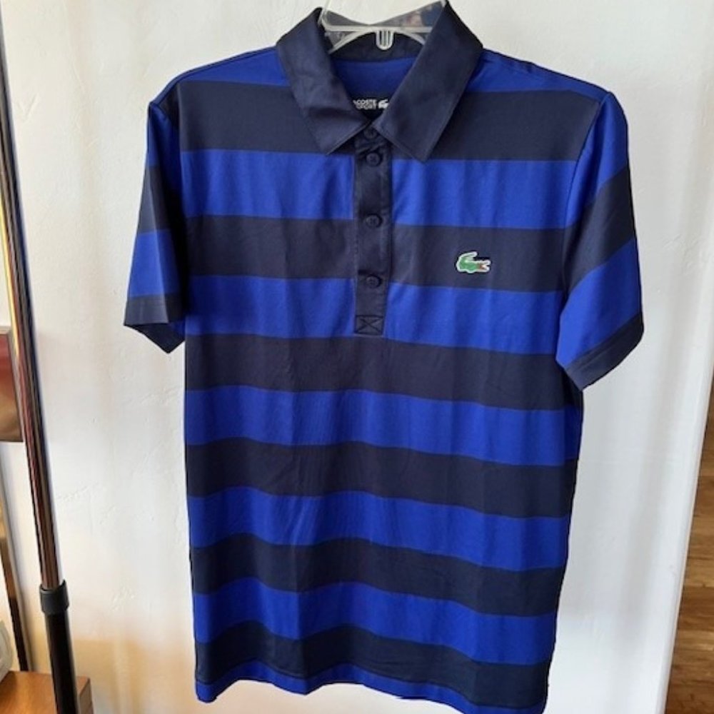 Men’s Lacoste Sport Blue / Black Striped Polo Small NWOT